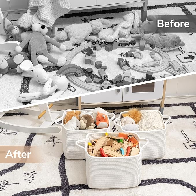 Goodpick Woven Rope Storage Basket with Handles, 13" x 10" x 9", White | Rectangle Basket for Books, Toys & Towels Storage, Shelf & Closet Organization, Living Room & Nursery Decor