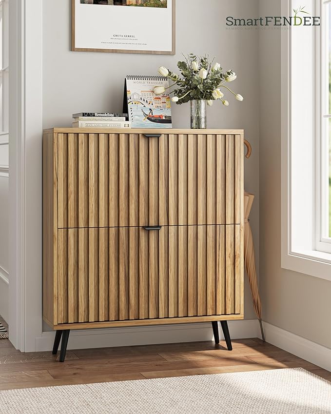 Shoe Storage Cabinet, Fluted Shoe Cabinet Storage for Entryway, Hidden Shoe Cabinet with Metal Legs,Shoe Organizer Cabinet with Flip Doors, Slim Entryway Shoe Storage Cabinet, Natural Wood-31.5in