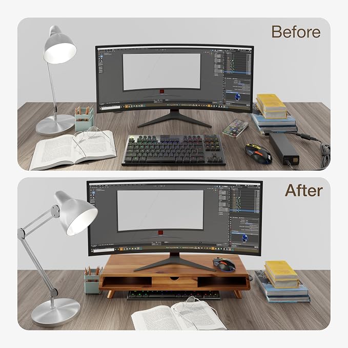 TINAMO Acacia Wood Monitor Stand with Drawer - Wooden Monitor Riser for Desk - Computer Monitor Stand for Desk - Multi-Purpose Desktop Storage Stand for Computer; Laptop; Printer; TV - 24.4 " x 8" x 5" (Patented)
