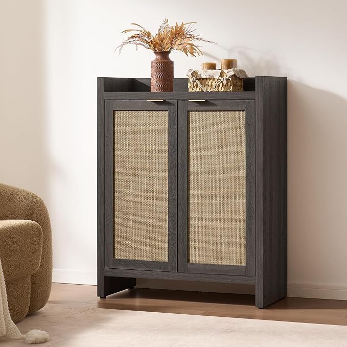 SICOTAS Shoe Storage Cabinet Set of 3, Large Capacity Rattan Shoe Cabinet | 6-Tier 41" Tall Shoe Cabinet for Entryway, Farmhouse Wooden Storage Cabinet for Living Room Hallway, Black Oak
