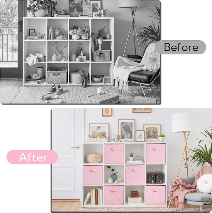 Cupic Cupid 13x13 Storage Cubes, 6 Pack Open Storage Bins with Handles, Storage Cube Organizer for Clothes and Toys, Collapsible Cube Bins for Closet, Shelves, Offices, Pink