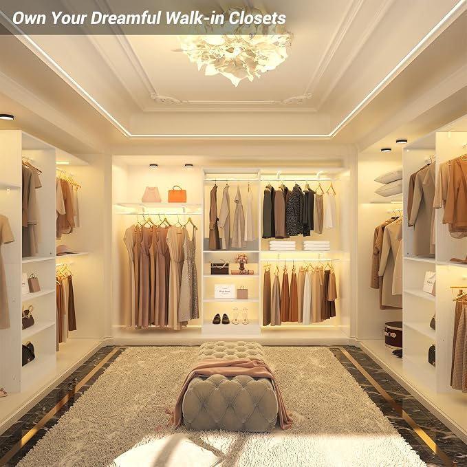 8FT Closet System with 3 Wooden Storage Shelves, 96'' Closet Organizer System with 3 Hanging Rods, Wall Mount Bedroom Wardrobe Walk-in Closet, Adjustable Garment Rack from 5 to 8FT (Cut to Fit), White