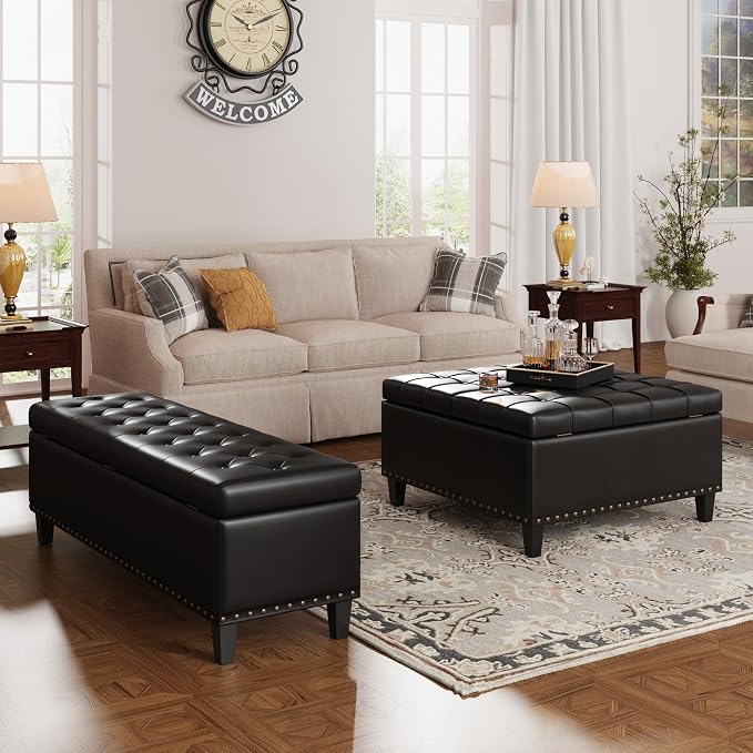 FiveWillowise 51 Inch Storage Ottoman Bench,Large End of Bed Storage Bench | Faux Leather Ottoman with Storage,30 Gallons,Upholstered,with Nailhead Trim,Legs,for Bedroom,Living Room,Entryway,Black