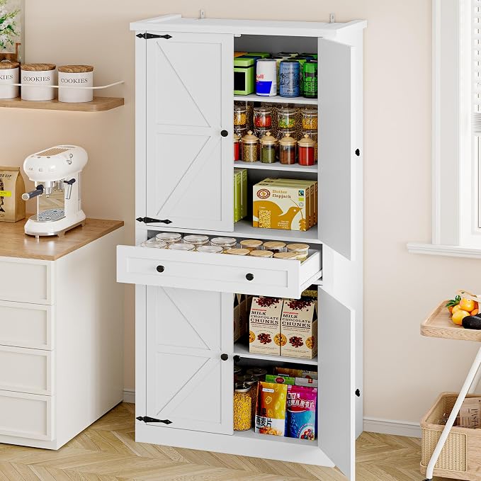 BORNOON Pantry Organizers and Storage Cabinet, 67.7” Barn Door White Kitchen Cabinet with Drawers and Adjustable Shelf, Tall Pantry for Kitchen, Dining Room, Living Room