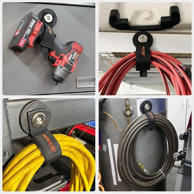 MUTUACTOR Strong Magnetic Hooks with Storage Straps, Φ1.96” Anti-Slip Rubber Coated Heavy Duty Hooks,4PCS Universal Carrying Storage Extension Cords, Hoses, Ropes Organization in Garage Workshop RVs