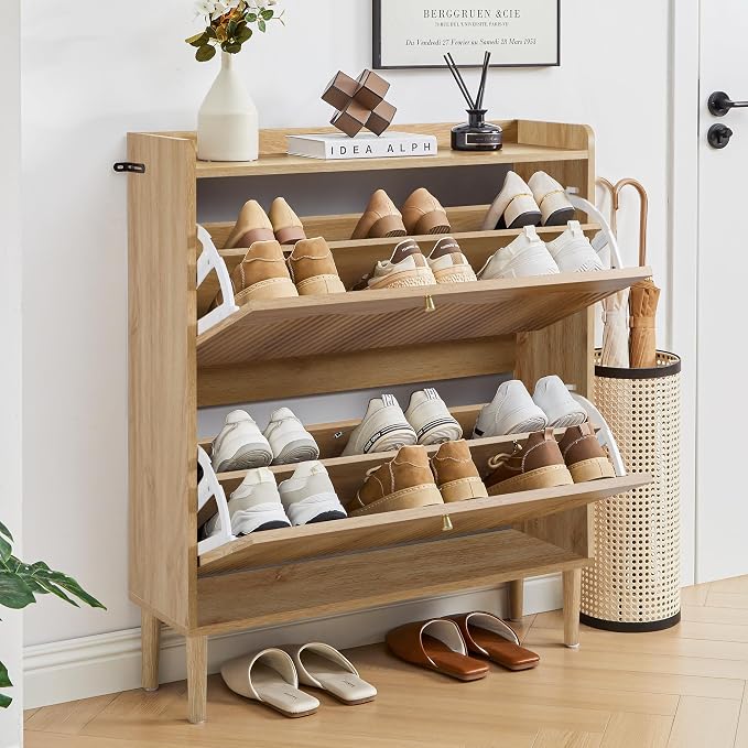 BERRYMERRY Oak 31.5" Fluted Shoe Storage Cabinet with 2 Flip Drawer | narrow,entryway,adjustable feet,32 pairs shoe,shoe organize,hidden shoe rack,fluted panel,wave pattern,wood,space saving