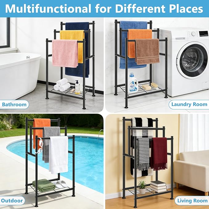 Standing Towel Rack, 3 Tier Towel Racks for Bathroom with Storage Shelf, Freestanding Metal Pool Blanket Holder Floor Towel Drying Rack Outdoor, Black