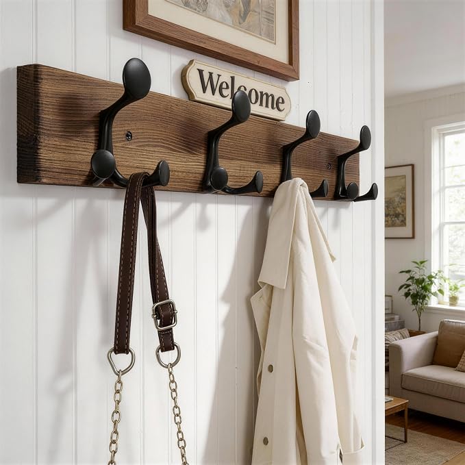 WEBI Coat Rack Wall Mount,24" Solid Wood Coat Hooks Wall Mounted Coat Hanger,16" Hole to Hole,Heavy Duty Hook Rack,4 Triple Hooks for Hanging Coats,Jacket,Hat,Backpack,Farmhouse,Brown