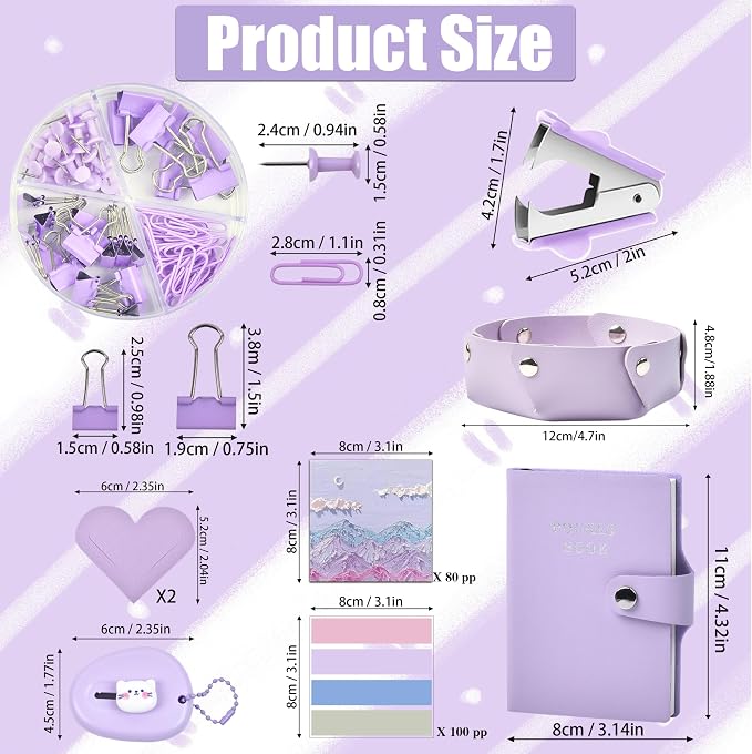 Purple Desk Accessories, 26Pcs Office Supplies and Desk Organizers, with Tape Dispenser, Stapler, Staple Remover Ect, Gift Box Packaging