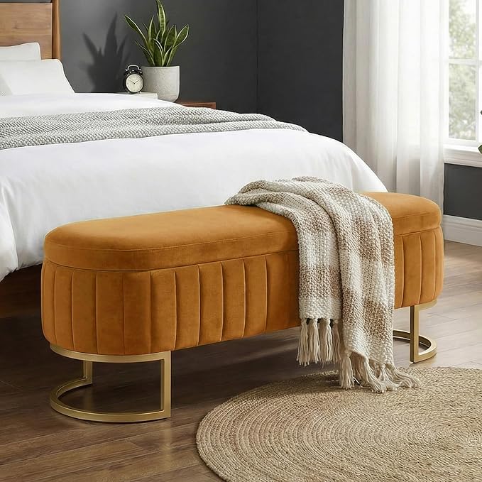 65" Velvet Storage Ottoman Bench End of Bed for Bedroom Entryway Light Brown