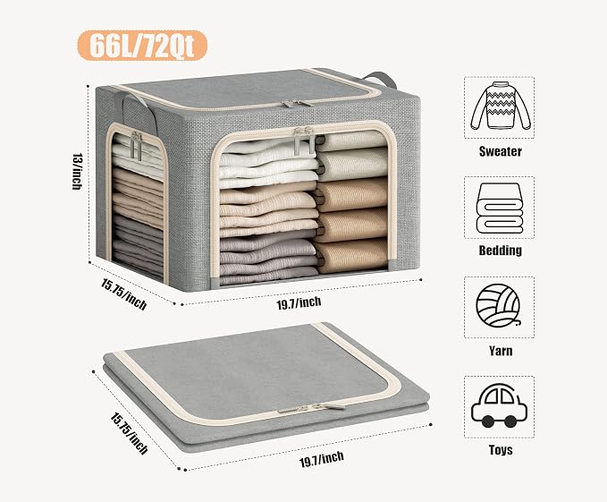 3 Opeings Large Clothes Storage Bins with Metal Frame, Foldable Storage Bin for Clothes, Clothing Storage Bins with Lid, Linen Storage Box With Clear Window& Zippers& Handles.(3 Pcs,Light Grey,66L)