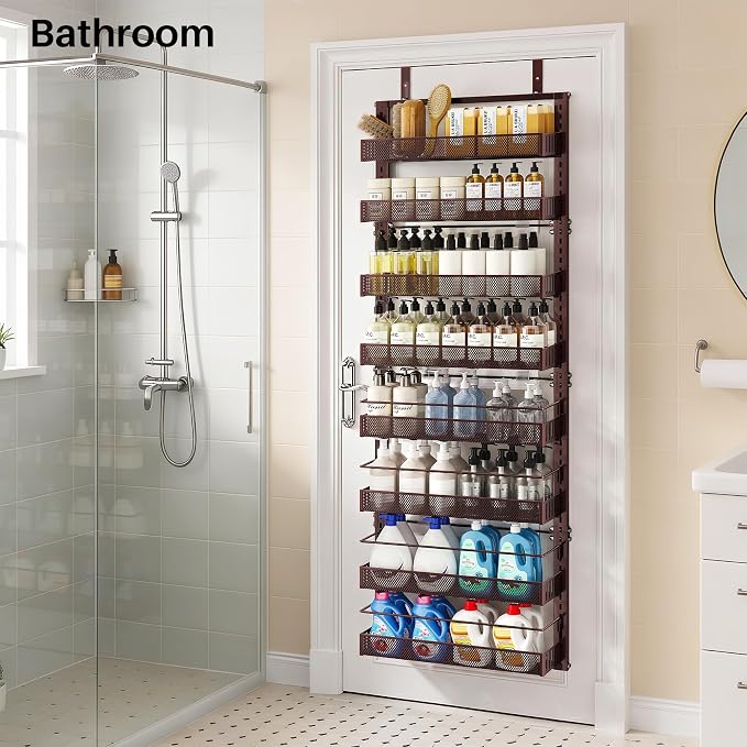 SNTD 8 Tiers Over the Door Organizer - Height Adjustable Pantry Organizers and Storage with Dense Mesh Baskets, Anti-Swing Hanging Door Spice Rack for Kitchen Bathroom (Bronze, 17" W x 6" D x 69" H)