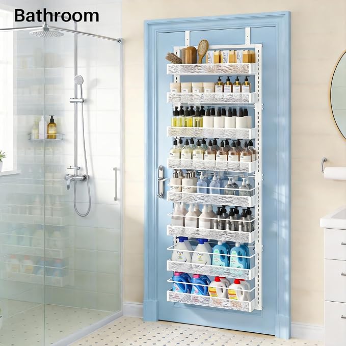 SNTD 8 Tiers Over the Door Organizer - Height Adjustable Pantry Organizers and Storage with Dense Mesh Baskets, Anti-Swing Hanging Door Spice Rack for Kitchen Bathroom (White, 17" W x 6" D x 69" H)