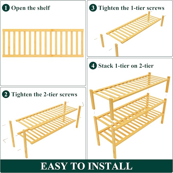 Smiry Bamboo Shoe Rack, 12 Vertical Slats, 3 Tier - 33.7" Wide, Natural | Stackable Free Standing Wooden Shoe Organizer, Wood Shoe Storage Shelf for Closet, Entryway