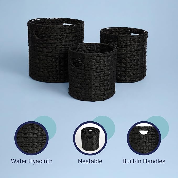 happimess Avery 3-Piece Cylinder Nesting Baskets 13", Black | Hyacinth, Bohemian Cottage Style, Handwoven Wicker, Iron Metal Frame, Decorative Storage For Toys And Books, Built In Handles
