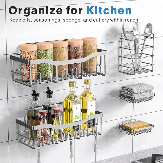 EUDELE 5-Pack Adhesive Shower Caddy Organizer, Large Capacity Rustproof Stainless Steel Shower Shelves, No Drill Bathroom Storage for Shower, Kitchen & Home Decor
