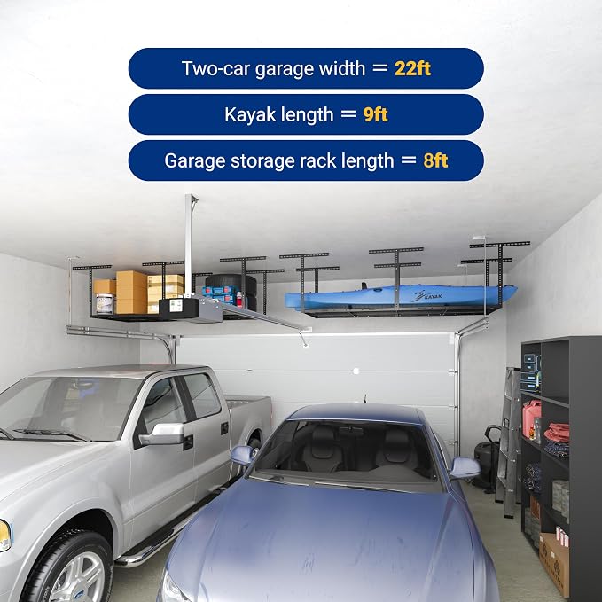 FLEXIMOUNTS 3x8 Overhead Garage Ceiling Storage Rack, Adjustable Garage Organization System, Heavy Duty Metal, 750lbs Weight Capacity, Black, Classic Series