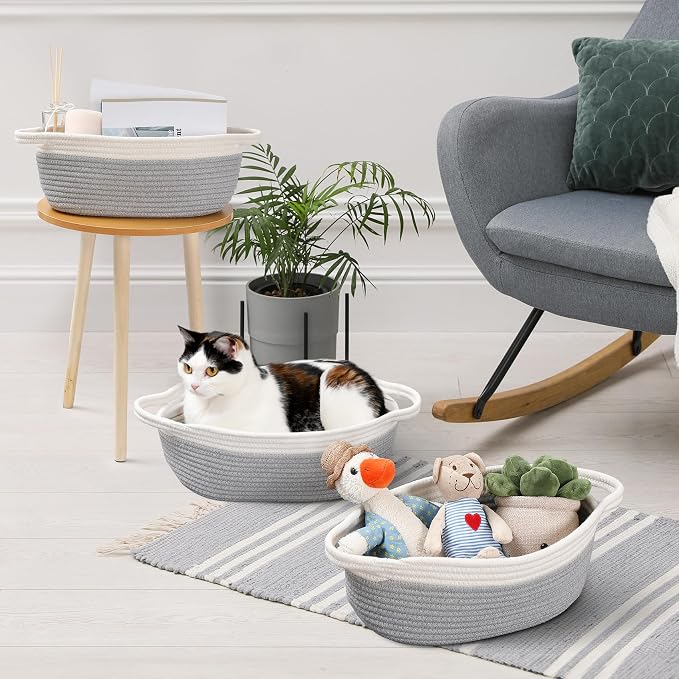4 Pack Small Woven Basket with Handles, Cotton Rope Room Shelf Storage Basket, Cute Baby Gift Basket for Nursery, Bedroom - Cat Dog Toys Basket, Empty Decorative Gift Chest Box, All 12"x 8"x 5",Grey