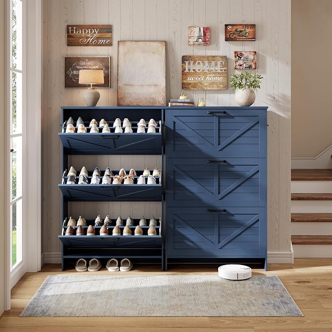 Shoe Cabinet for Entryway, 3 Flip Drawers Shoe Storage Cabinet with 3-Tier Adjustable Shelves, Ultra Slim Freestanding Hidden Shoe Organizer with Barn Door Design, Navy Blue
