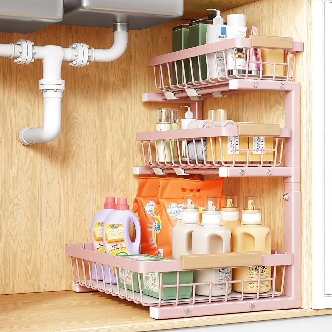 PXRACK Under Sink Organizer, 1-Pack 3-Tier Height Adjustable Thickened Metal Pull out Cabinet Organizer Shelf, Slide out Storage Drawer Rack for Bathroom Kitchen Pantry Home Organization, Pink