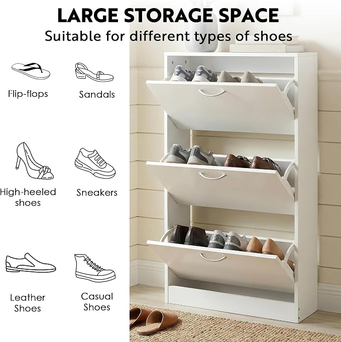 HOPUBUY Shoe Cabinet for Entryway, Narrow Shoe Storage with 3 Flip Drawers | Wood Slim Shoe Rack, 3 Tier Thin Shoe Organizer for Home and Apartment,White