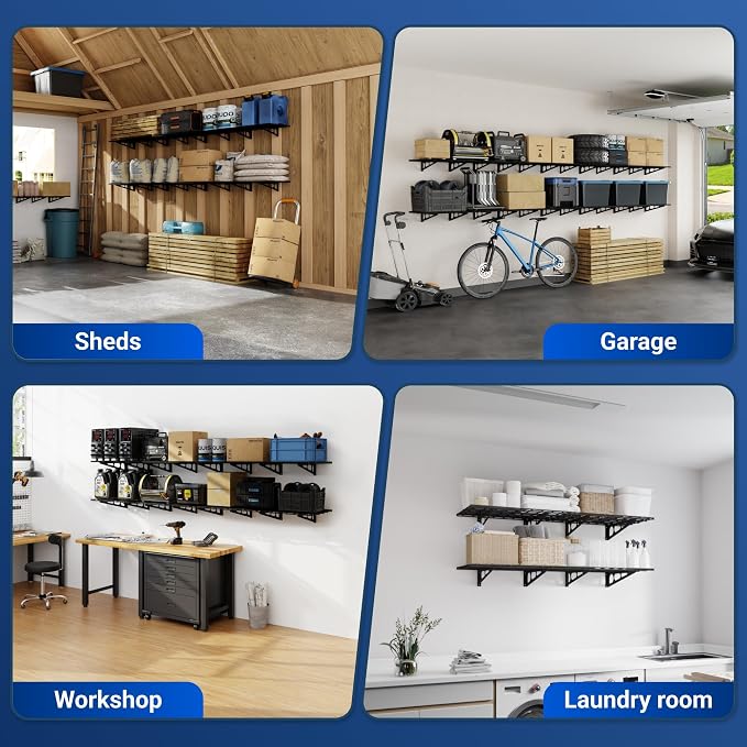FLEXIMOUNTS 4-Pack 2x4ft Wall Shelf Garage Storage Rack Wall Mounted, Black | 24-inch-by-48-inch Garage Floating Shelves, Total 1200lbs Capacity, Rustproof Seamless Grid Design, Classic Series