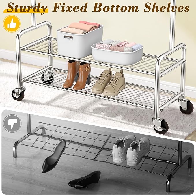 Upgraded 100% Stainless Steel Heavy Duty Clothes Rack with Shelves Loads 760 LBS, Commercial Clothing Rack with Larger & Sturdy Wheel, Adjustable Height & Rolling Garment Hanging Rack for Bedroom Dorm