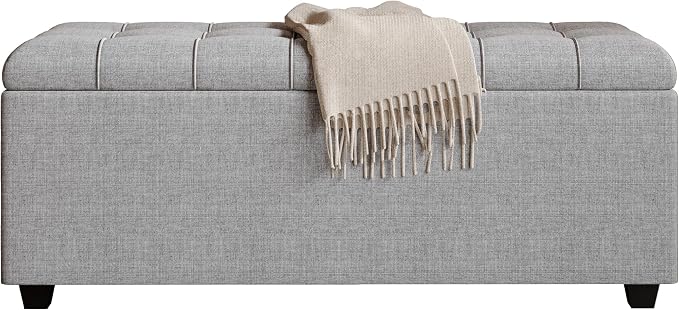38" Grey Fabric Storage Ottoman Bench with Hinged Lid | Solid wood frame bench, 4-leg easy assembly. Use as end-of-bed, footrest, entryway seat. Hinged hidden storage, multi-use.