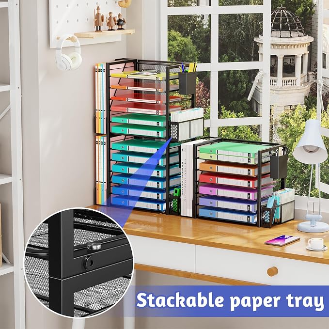 Simple Trending 6 Tier Metal Desk File Organizer with 2 Pen Holders, Black | 18"L x 9"W x 13"H, 6 Trays + Side file holder + 2 pen holders, sturdy metal frame, non-slip base, easy assembly, 24h support.