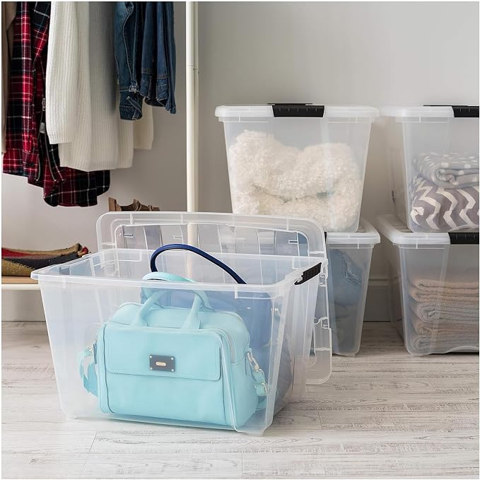 IRIS USA 54 Qt Stackable Plastic Storage Bins with Lids, 8 Pack - BPA-Free, Made in USA - See-Through Organizing Solution, Latches, Durable Nestable Containers, Secure Pull Handle - Clear