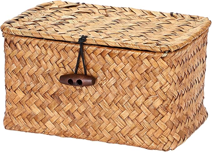 Small Decorative Box Natural Seagrass Box with Lid, 6.1"x 4"x 3.3" | Wicker Basket for Organizing Keys,Wicker Shelf Baskets for Bathroom & Living Room