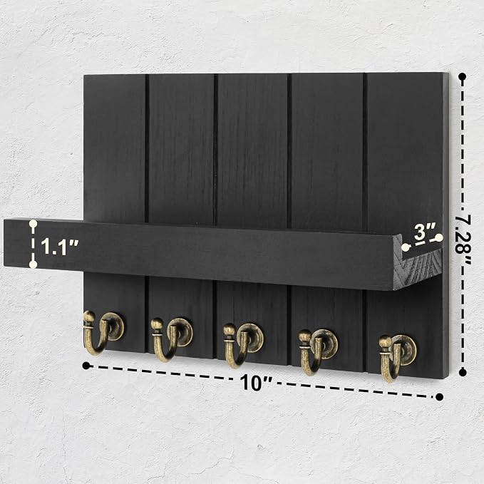 Rebee Vision Key Holder Wall Mount with Shelf &Hooks for Living Room, Black | 3.54" x 10"x 7.28", 5 Key Hooks, Floating Shelf, Display Plant, Key Holder for Wall, Apartment Essential