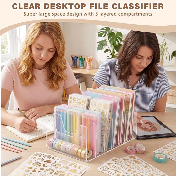 Wenqik 7 Section Clear Acrylic Desktop File Organizer Vertical File Sorter 4mm Thick, Large Capacity Upright Magazine Organizer, Book Paper, Notebooks, Envelopes, Mail Holder