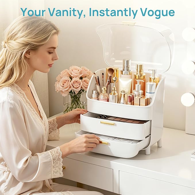 Vtopmart 3-Tier Skincare Makeup Organizer with Drawer and LId, White | With Drawers and Lid, For Vanity, Dresser and Bathroom Countertop, Large Cosmetic Storage Box Case, Non-Slip Base