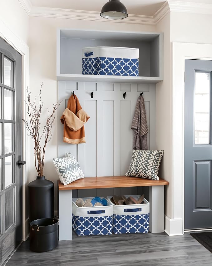 DECOMOMO Storage Bins, Fabric Storage Baskets for Shelves | 3 Pack Linen Closet Organizers for Toys and Nursery (Large, Blue Patterns)