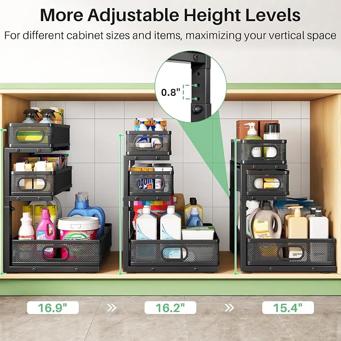 Kitstorack Under Sink Organizer, 2-Pack 3-Tier Height Adjustable Thickened Metal Pull out Cabinet Organizer Shelf, Slide out Storage Drawer Rack for Bathroom Kitchen Pantry Home Laundry Organization