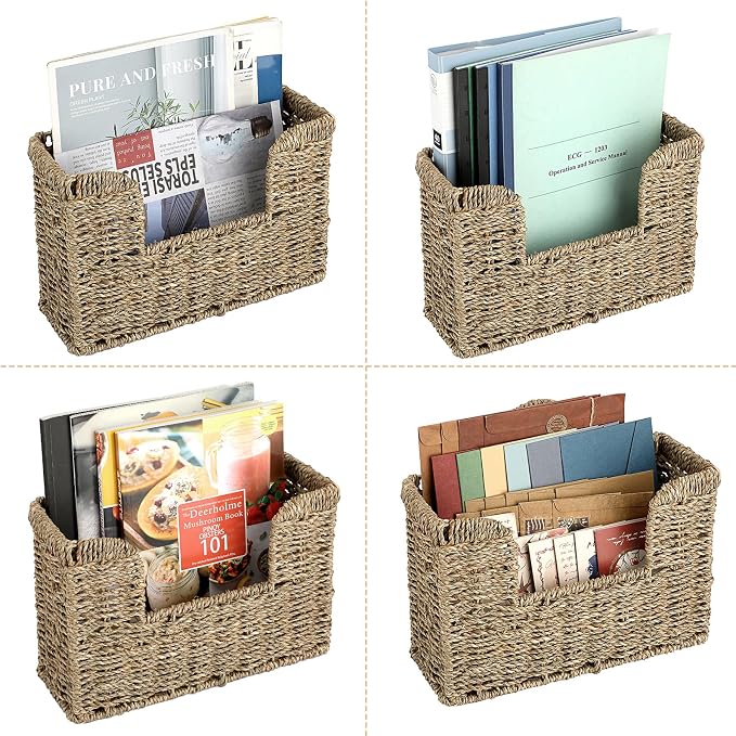 BTSKY Woven Hanging Magazine Holder, Seagrass Magazine Basket, Wall Mounted Storage Basket for Books & Files, Wall File Organizer Magazine Rack with Handle for Home & Office - 12x4.3x7.9 Inch
