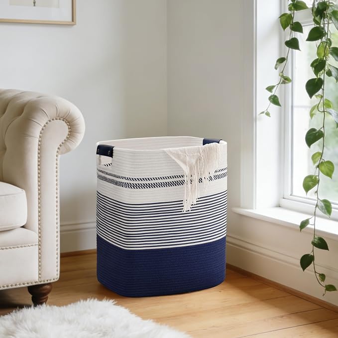 85L Tall Woven Laundry Basket Hamper with Leather Handles,Navy | collapsible wicker hamper, storage for dirty clothes, toys, blankets, gifts, living room, bedroom, bathroom, 17"x14"x22"