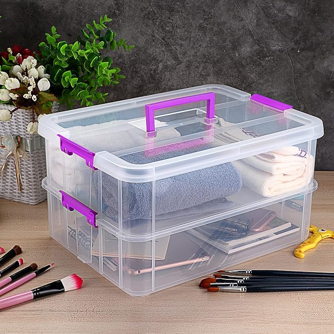 JUXYES 2-Tiers Plastic Stack Carry Storage Containers Box wih Handle Lids | Clear Stackable Latching Craft Storage Bin for School Office, Organizing Stationery, Sewing, Art Craft, DIY Supplies, Purple