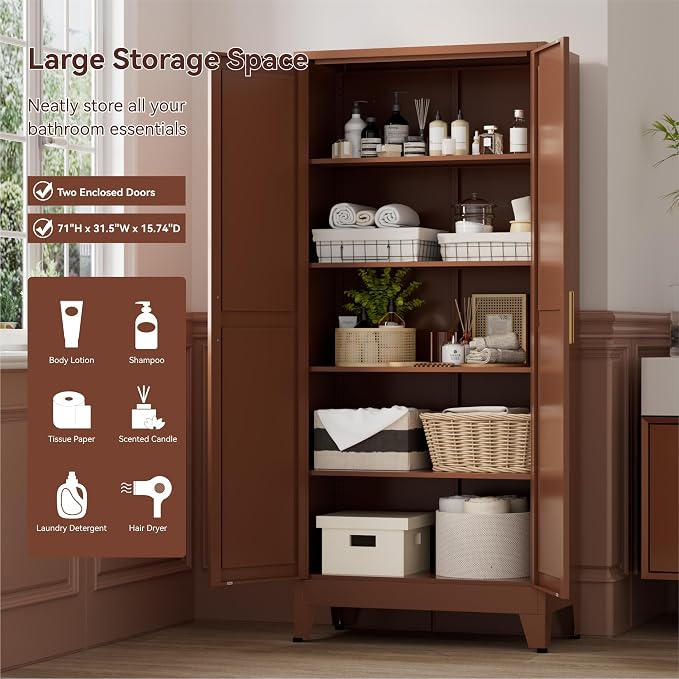 Bevivog Tall Rust Brown Storage Cabinet, 71" Metal Pantry Cabinet with 2 Doors and 4 Adjustable Shelves, Industrial Farmhouse Metal Pantry Cabinet for Kitchen Garage