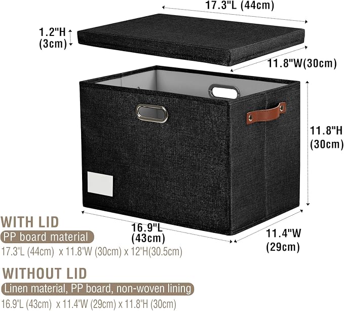 Roobyl 17" Large Collapsible Storage Bins with Lids, Stackable Closet Organizers with PU Handle and Labels, 3-Pack Decorative Fabric Storage Boxes for Home, Bedroom, Closet, Office, Nursery(Black)