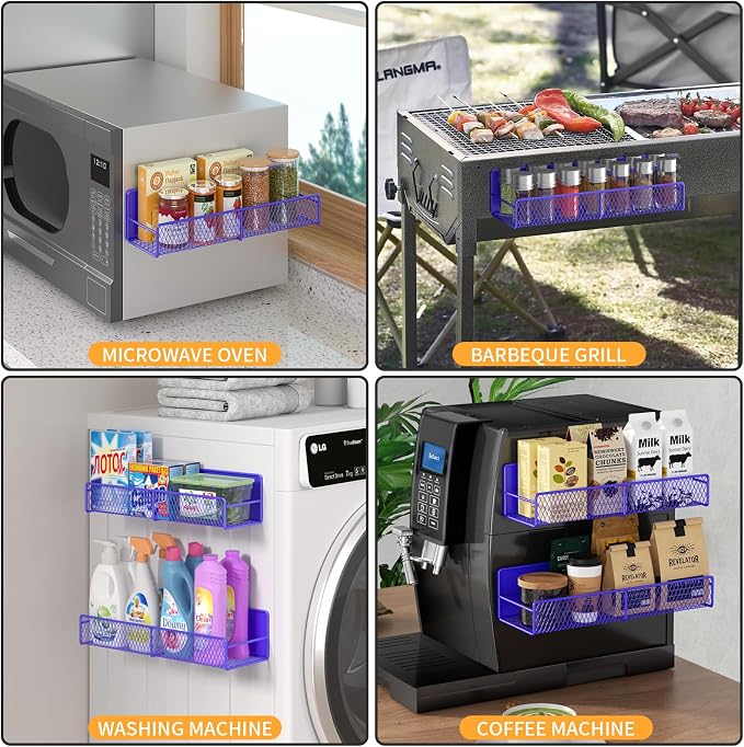 DTUQYX Magnetic Spice Rack for Refrigerator, 4 Pack 100% Metal Strong Magnet Fridge Shelves, Space Saving Spice Organizer, No Drilling Home Kitchen Laundry Room Storage Organization, Purple Blue