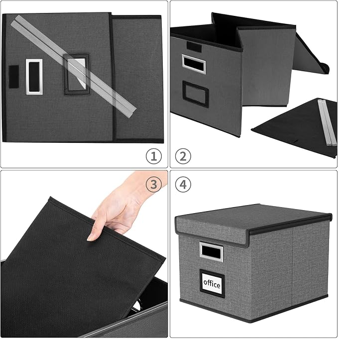 File Organizer Box with Lids, Collapsible File Folder Organizer | File Box with Plastic Slides for Document, Filing Bin for Letter Size Hanging File Folders (2 Pack, Dark Gray)