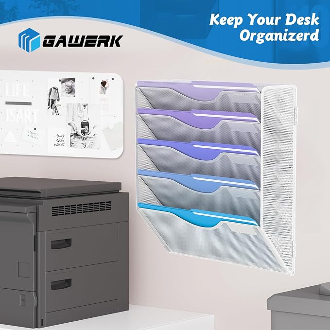 Gawerk 5 Tier Hanging Wall File Organizer, Mesh Mail Paper Orgnization Hanging File Folder Holder for Home Office, White