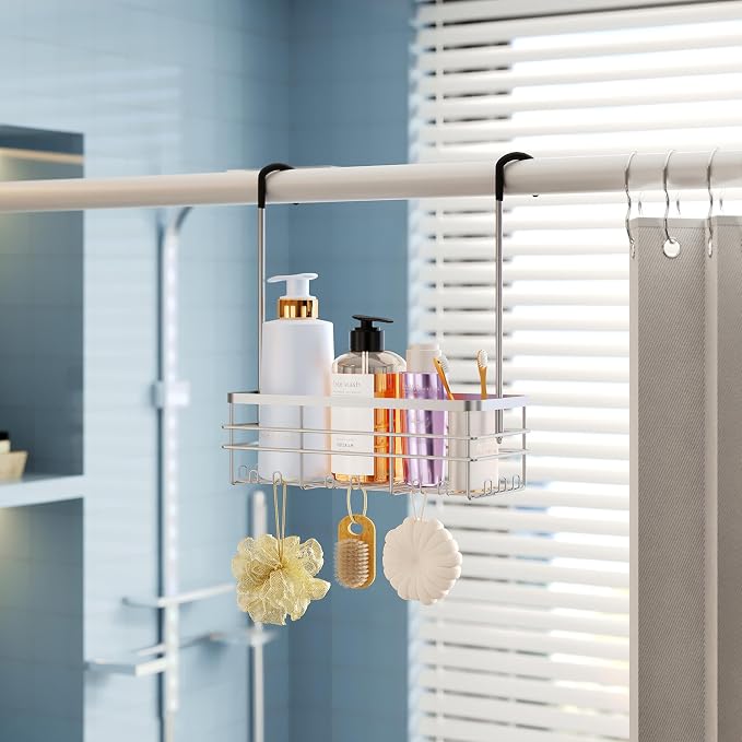 HapiRm Hanging Shower Caddy Organizer - No Drilling Shower Organizer with Hooks, Rustproof & Waterproof 304 Stainless Steel Bathroom Shelves - Silver (1 Basket)