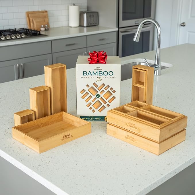 Grow Forward Bamboo Drawer Organizer Boxes - Set of 21 Wooden Drawer Organizers for Kitchen, Bathroom, Office, Desk, Vanity, Makeup - Non-Slip Junk Drawer Organizer Trays for Storage and Organization