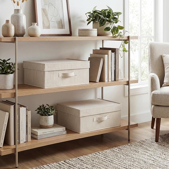 StorageWorks Storage Bins with Lid, Decorative Fabric Storage Bins with Handles, Stackable Closet Organizers for Shelves and Bedroom, Small, Khaki and Beige Stripes, 2-Pack