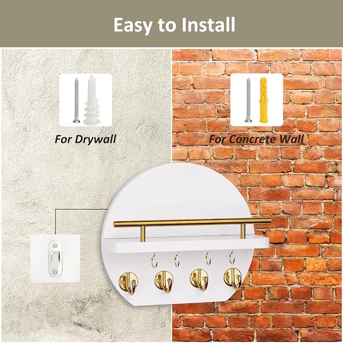 Nekon Key Holder for Wall - 9.8 Inch Apartment Wall Decor with Shelf and 8 Key Hooks, Circular Wood Key Hanger for Home Decor (White with Golden Hooks)