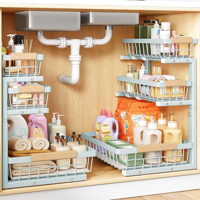 PXRACK Under Sink Organizer, 2-Pack 3-Tier Height Adjustable Thickened Metal Pull out Cabinet Organizer Shelf, Slide out Storage Drawer Rack for Bathroom Kitchen Pantry Home Organization, LightBlue