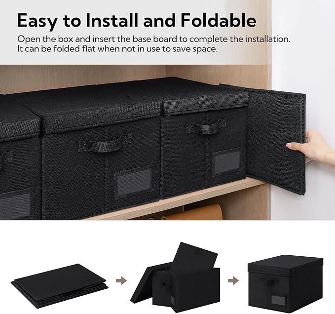 GRANNY SAYS Storage Bins with Lids, Storage Bins for Linen Closet Shelves, Decorative Storage Boxes with Label, Clothes Storage and Organization for Organizing, 3-Pack, Large, Black